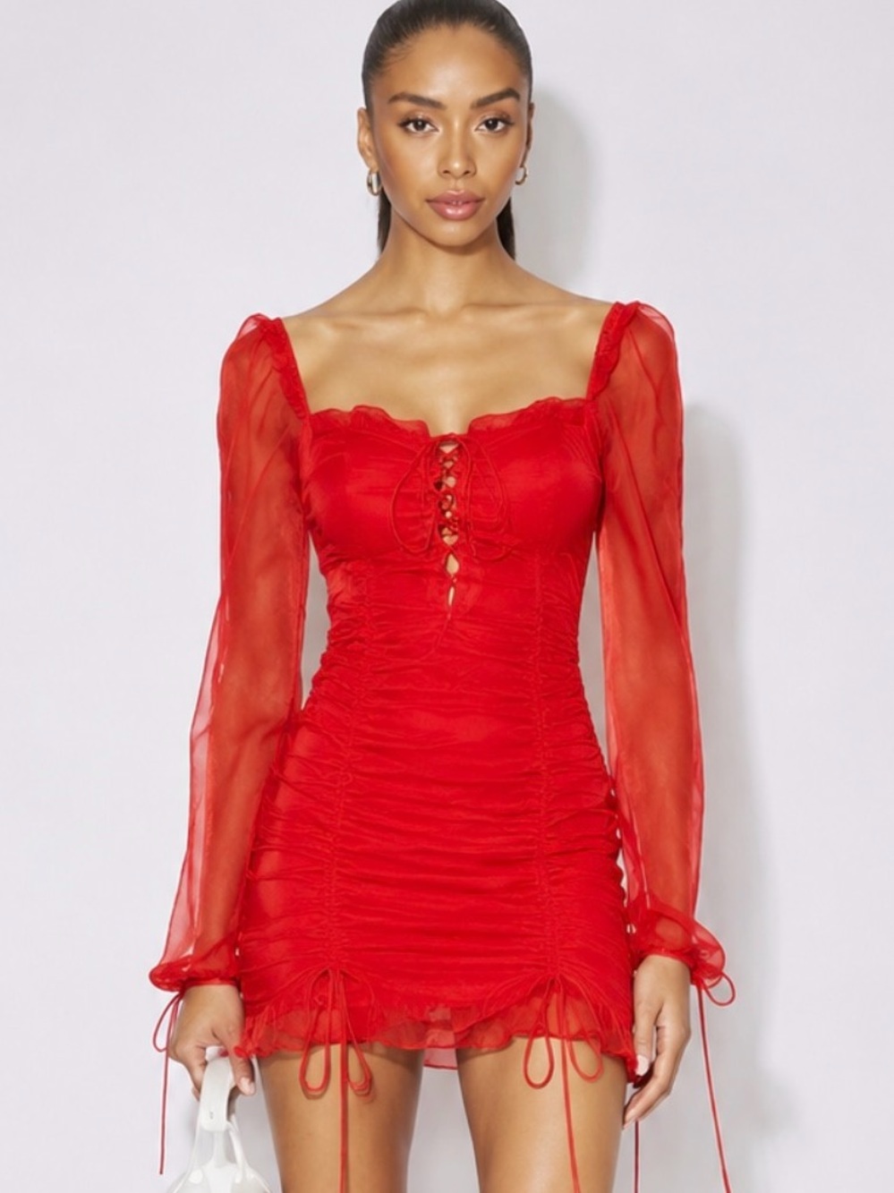 Revolve LIONESS Feng Shui Red Sheer Puff Sleeve Mini Dress Size L